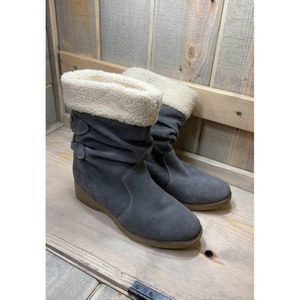 Us 7 B Lands End gray suede faux shearling lined winter snow booties pull on